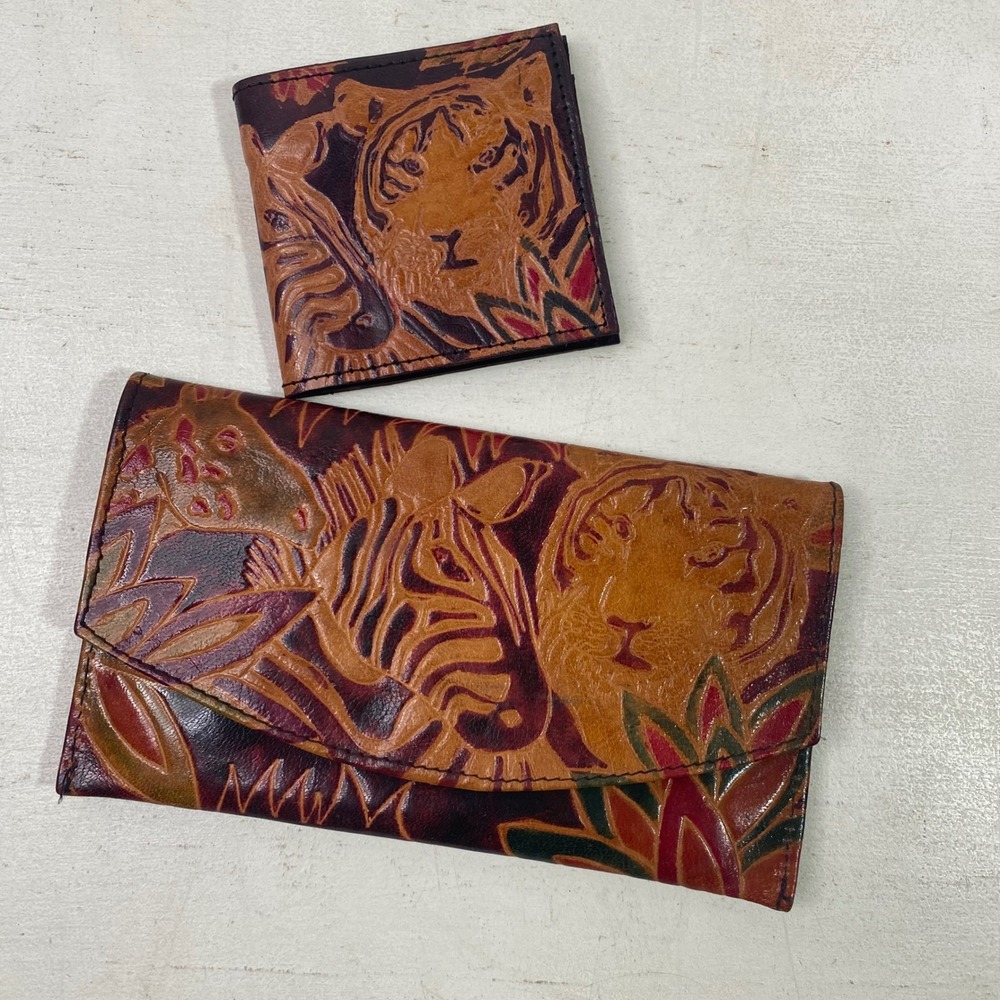 Vintage Tooled Leather Safari Animal Wallet Set Tiger Zebra Giraffe Boho Brown